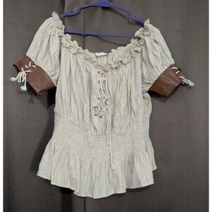 Belle Pogue Off The Shoulder Boho Peasant Ruffled Lace Up Peplum Smocked XL
